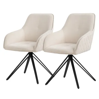 Two cream-colored swivel dining chairs with black metal legs are shown against a white background.