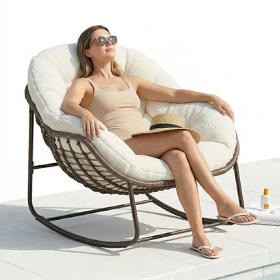 Produktbild von LVHOM Schaukelsessel Garten mit gepolstertem Kissen, Rattanstuhl mit Stahlrahmen, Schaukelstuhl Outdoor Loungesessel, Sessel für Balkon, Weiß