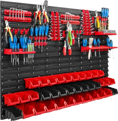 Zdjęcie produktu dla System magazynowy Regał warsztatowy | 117 x 78 cm | 34 szt. Pudełko | Regał ścienny z uchwytami na narzędzia i pojemnikami do układania w stosy - Płyty ścienne Bardzo wytrzymały regał z przegródkami Ściana perforowana Regał magazynowy Regał garażowy