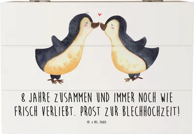Produktbild von Mr. & Mrs. Panda Geschenkbox 8. Hochzeitstag Blechhochzeit 22 x 15 cm - Weiß - Geschenk, Schatzkiste, Geschenke, feiern, Box, Heirat, handgefertigte Produkte, Sprüche