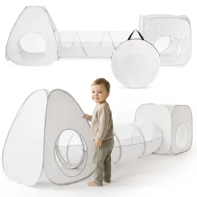 Produktbild von 3-in-1 Kinderzelt mit Tunnel - Pop-up Spielzelt, Dreieck, Würfel, 150 cm Tunnel, grau weiß, Indoor Outdoor Spielset