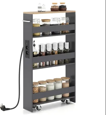 Produktbild von KOMFOTTEU Nischenwagen mit Ladestation, Kleiner Küchenwagen mit Rollen, Organisationswagen Rollregal platzsparend mit Griff (Grau + Natur, 47,5 x 13 x 80,5 cm)