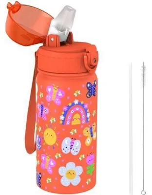 Produktbild von Kinder isolierte Trinkflasche 420ml Edelstahl mit Strohhalm auslaufsicher BPA-frei Libellen