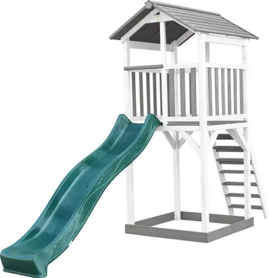 Produktbild von AXI Beach Tower Spielturm aus Holz in Weiß & Grau | Spielhaus für Kinder mit grüner Rutsche und Sandkasten | Stelzenhaus für den Garten