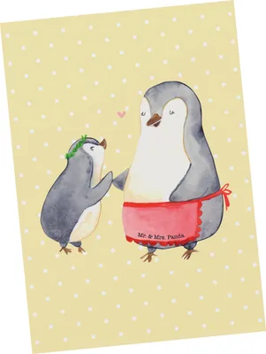 Produktbild von Mr. & Mrs. Panda Postkarte Pinguin mit Kind - Gelb Pastell - Geschenk, Muttertag, bildkarte, Familie, Mami, Vorbild Mama, Postkarten, Grußkarte, Mutter, Ansichtskarten