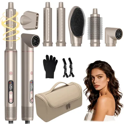 Produktbild von UKLISS 6-in-1-Haarstyler, 1400 W, 110.000 U/min, mit Rundbürste, Luftlockenstab, Glättbürste, LCD-Display, Champagner