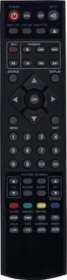 A black remote control with various buttons and labels.