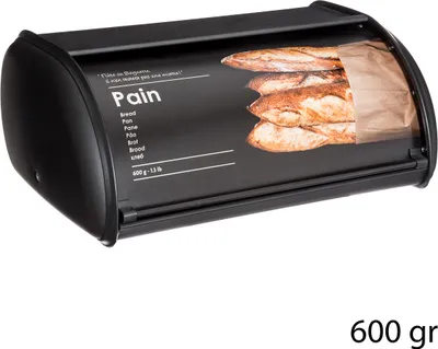 A black bread bin with an image of baguettes on the side.