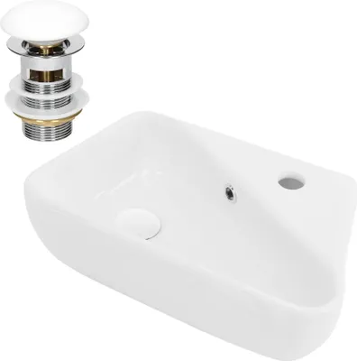 Obrázek produktu pro LuxeBath umyvadlo Umyvadlo na desku Angular, 45x27x13 cm, bílé, keramika, otvor pro baterii vpravo, včetně odtokové soupravy s přepadem