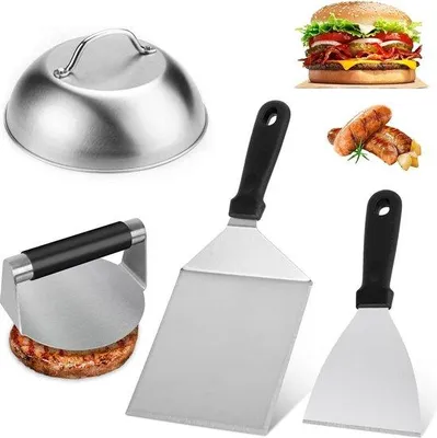 Obrázek produktu pro Sada hamburgerových nástrojů z nerezové oceli, 4dílná, pro plynový gril a teppanyaki
