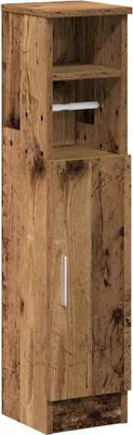 A tall, narrow wooden cabinet with a rustic finish, featuring shelves and a single door.