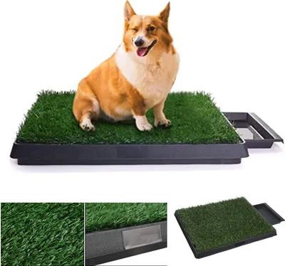 Produktbild von Homdox Hundeklo Hundetoilette, mit Tablett Kunstrasen Gras Welpentoilette, Indoor Haustiere WC Trainingsunterlage, 63 x 50x 7 cm, Dunkelgrün