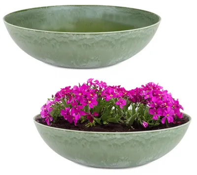 Image de Bacs à plantes d'extérieur : lot de 2 bacs décoratifs ronds verts style vintage, 30 cm