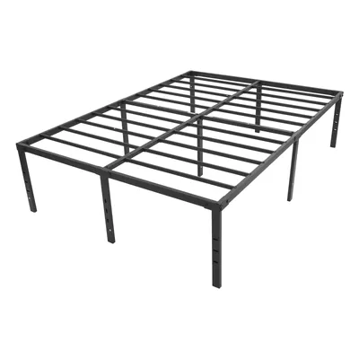 A black metal bed frame shown from a diagonal angle against a white background.