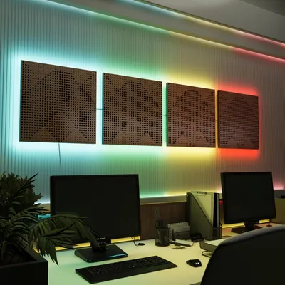 Immagine prodotto di Set da 4 pannelli acustici a LED con effetto RGB Glow per Echo Control | Pannelli fonoassorbenti con retroilluminazione | 4x WILDS -Separately-LINE | Noce