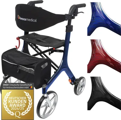 Produktbild von Bescomedical Leichtgewicht-Rollator Carbon - Saphirblau - Modell M - faltbare Gehhilfe mit Rückengurt, Netztasche und Stockhalter