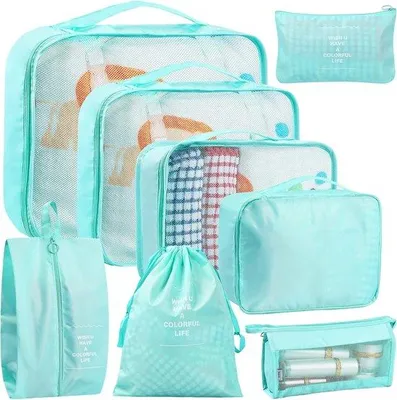 Produktbild von Unyqoos® 8‑teiliges Packwürfel-Set – wasserdichter Koffer‑Organizer aus robustem Nylon, inkl. großer Packwürfel 40×30×12 cm, Blau