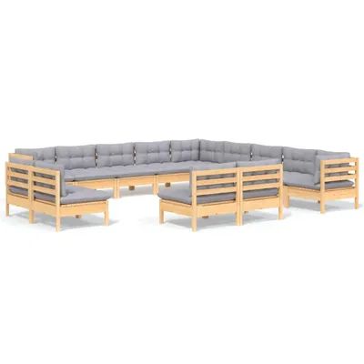 Produktbild von 13-tlg. Garten-Lounge-Set mit Grauen Kissen Massivholz Kiefer