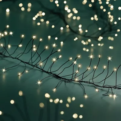A close-up view of a string of warm white LED cluster lights with black wires, set against a dark teal background.