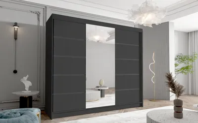 Produktbild von Schwebetürenschrank Netro VI 250 cm mit Spiegel - Groß Kleiderschrank, Schiebetürenschrank mit Kleiderstange und Einlegeboden, Schlafzimmerschrank, Schiebetüren, 250x215x58 cm (Schwarz)