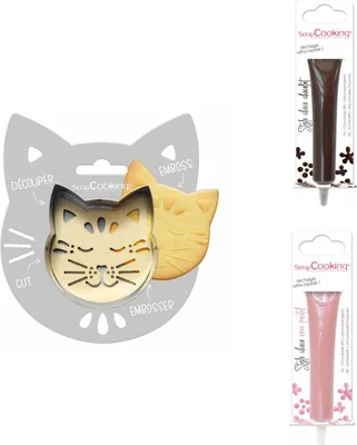 Produktbild von Relief-Kekspackung Katze + 2 braune und pastellrosa Schokoladenstifte