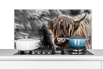 Produktbild von KitchenYeah®  Spritzschutz Küche - Küchenrückwand - Wandschutz für Herd und Spüle - Schottisches Hochlandrind - Tiere - Schwarz 100x50 - Alu-Dibond (Alternative zum Spritzschutz aus Glas) - Hitzebestä