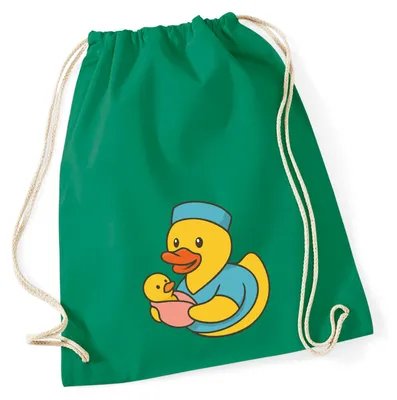 Produktbild von Huuraa Turnbeutel Quietscheente Hebamme Comic Gummiente 12 Liter Kelly Green Baumwolle Rucksack Geschenkidee