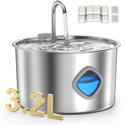 Zdjęcie produktu dla Fontanna dla kotów ze stali nierdzewnej, pojemność 3,2 litra, z dwoma filtrami, cicha, higieniczna, z niebieskim światłem LED