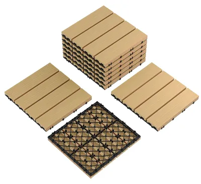 Obrázek produktu pro Podlahové dlaždice 30x30 cm pro venkovní použití - Dřevěné terasové dlaždice - Voděodolné - S drenážními otvory - Balkon, terasa, bazén - Sada 9 kusů - Teak