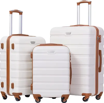 Produktbild von Hartschalen-Koffer, Trolley-Koffer, Reisekoffer, Board-Koffer, Handgepäck mit TSA-Schloss und 4 Rollen, weiß/braun, modische Business-Reisetasche