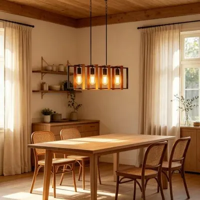 Produktbild von Pendelleuchte 4-flammig E27, höhenverstellbar, Holz Metall Schwarz, Hängeleuchte für Esszimmer & Küche