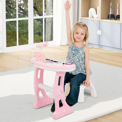 Produktbild von GOPLUS 37 Tasten Spielzeugkeyboard, Klaviertastatur mit Notenständer, Mikrofon, Lichtern & Hocker, Rosa