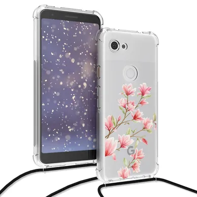 Produktbild von kwmobile Necklace Case kompatibel mit Google Pixel 3a Hülle - Silikon Cover mit Handykette - Rosa Weiß Transparent Magnolien