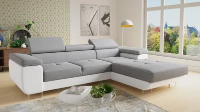 Produktbild von Ecksofa Divo mit einstellbare Kopfstützen und Schlaffunktion, Couchgarnitur, Sofagarnitur, Couch, Schlafsofa (Weiß + Grau (Soft 017 + Sawana 21), Ecksofa Rechts)
