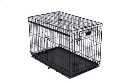Zdjęcie produktu dla Składana klatka dla psów Qoozi Pet – rozmiar L – 91 x 58 x 64 cm – 2 drzwi, w tym drzwi przesuwne – solidna konstrukcja z drutu – kolor czarny – QZ1121515