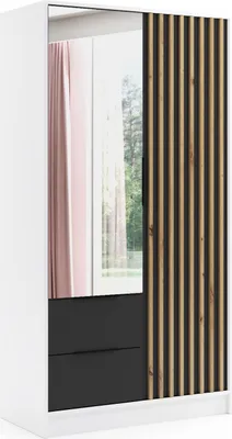 Produktbild von ALTDECOR Kleiderschrank NERA mit Spiegel und selbstschließenden Flügeltüren mit Lamel - 100 cm Weiß / Schwarz / Artisan