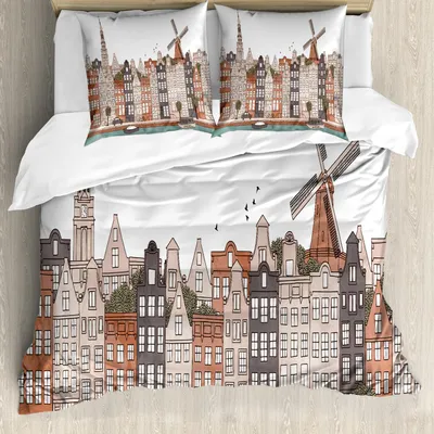 Produktbild von ABAKUHAUS Amsterdam Bettbezug Set, Alte Niederlande Historische Gebäude Europäische Kunst, 155 x 220 cm + 80 x 80 cm, Beige Burnt Sienna