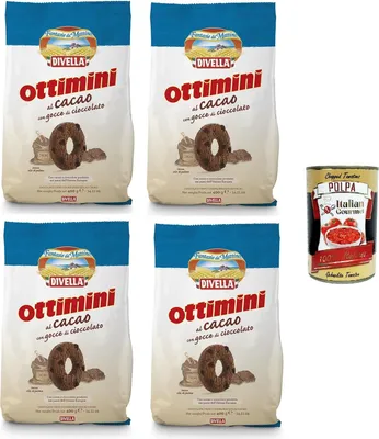 Produktbild von Divelle Ottimini Biscotti al cacao con gocce di cioccolato Ottimini Kakaokekse mit Schokoladenstückchen 4x400+Italian Gourmet polpa 400g