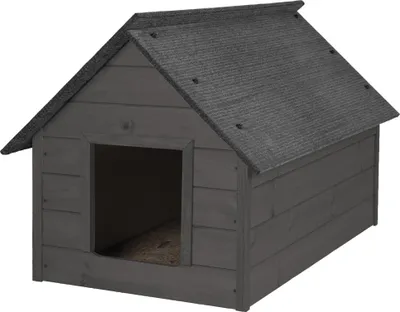 A dark gray wooden dog house with a pitched roof and an open entrance.