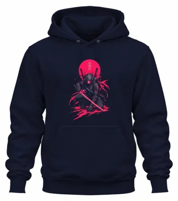 Obrázek produktu pro Cyberpunk, samuraj, katana, ninja, Japonsko, sci-fi, Y2K, technická móda, mikina s kapucí, tmavě modrá, velikost L