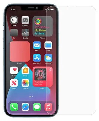 A screen protector is placed over an iPhone screen displaying app icons and widgets.
