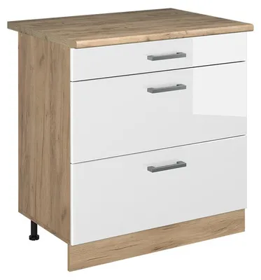 Imagen del producto de Mueble bajo de cocina Vicco R-Line Blanco alto brillo/Roble dorado 80 cm con 3 cajones encimera Roble dorado, Model 72465