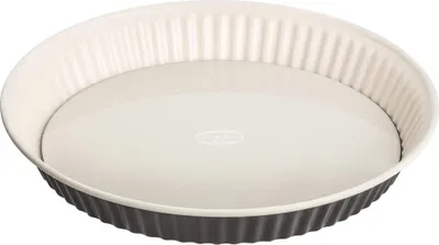 Produktbild von Dr. Oetker Quicheform Ø 28 cm EXCLUSIVE, Tarteform mit schnitt- & kratzfestem Hebeboden mit Emaille-Versiegelung, runde Kuchenform mit Ring aus Stahlblech (Farbe: Grau-Braun/Crème) Menge: 1 Stück
