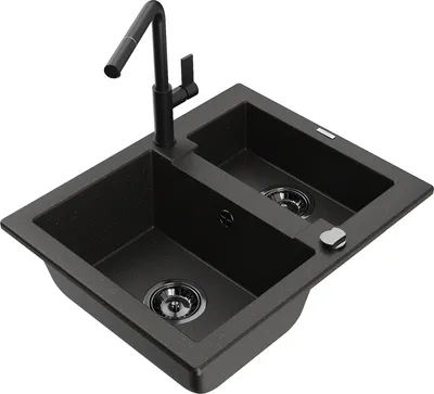Produktbild von Mexen Carlos 1,5-Becken-Granitspüle mit Mischbatterie Flora, Schwarz/Gold metallisch - 6518-75-670401-70-B