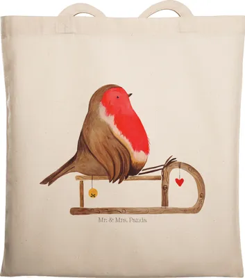 Produktbild von Mr. & Mrs. Panda Baumwollbeutel Rotkehlchen Schlitten - Transparent - Geschenk, Weihnachten, Laptoptasche, Uni Tasche, einkaufsshopper, Schultasche, Vogel, Jutebeutel