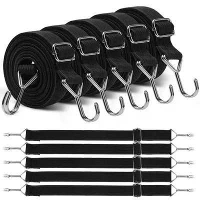 Productafbeelding van Spanningselastiek met haken, 5 stuks, 1 meter, plat, verstelbaar, zwart