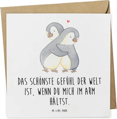 Produktbild von Mr. & Mrs. Panda Glückwunschkarte Pinguine Kuscheln - Weiß - Geschenk, Grußkarte, faltkarte, für Frauen, Freundin, Freund, doppelkarte, Hochzeitstag, Klappkarte