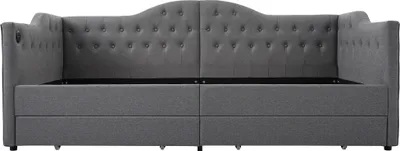Produktbild von Flieks Schlafsofa 90x200cm mit USB und Type C, Polsterbett mit 2 Schubladen, Sofabett Tagesbett Daybed mit Lattenrost, Leinen, Grau
