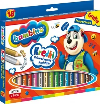 A box of Bambino colored pencils with a cartoon bear character.