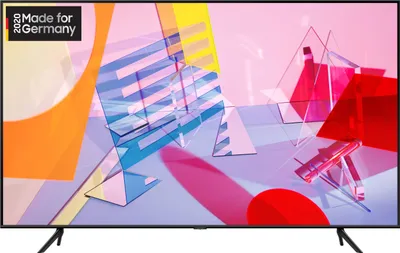 A Samsung QLED TV displaying abstract geometric shapes and colors, with a "Made for Germany" badge in the top left corner.